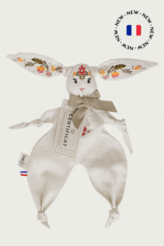 Doudou lapin réconfort bébé naissance lin brodé