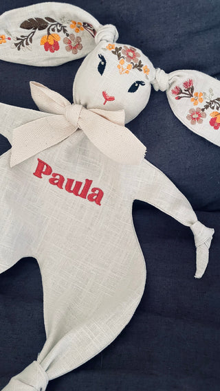 Doudou lapin réconfort bébé naissance lin brodé