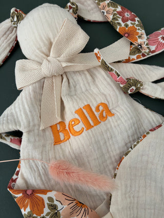 Doudou lapin réconfort bébé naissance gaze de coton et fleurs